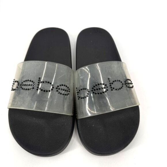 NWOT Bebe Dahlia Clear Size 9 Slides Sandals Black Spellout Large - Picture 5 of 9